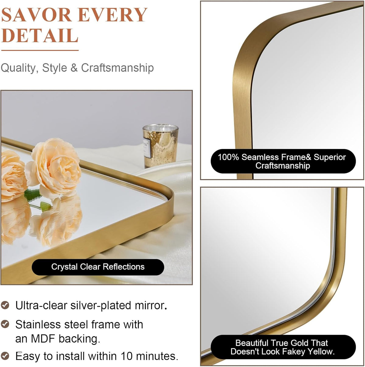Gouden wandspiegel, 24x36 inch spiegel voor badkamer, geborsteld messing roestvrijstalen metalen frame met afgeronde hoek, rechthoek glazen paneel wandgemonteerde spiegel voor decoratie van badkamer,