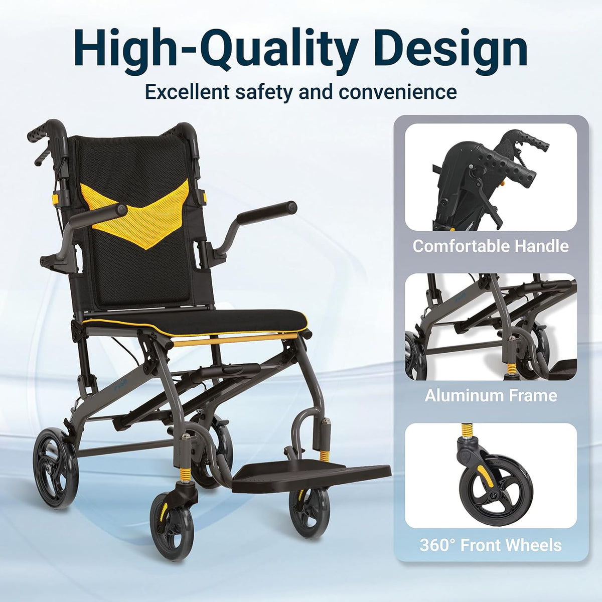 Rolstoel, opvouwbaar, licht, aluminium, inklapbaar, transport, rolstoelen, smalle rolstoel, ergonomisch design, compact voor reizen en woning, belastbaarheid 100 kg (Geel)