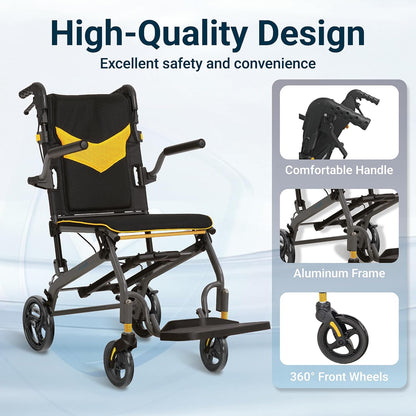 Rolstoel, opvouwbaar, licht, aluminium, inklapbaar, transport, rolstoelen, smalle rolstoel, ergonomisch design, compact voor reizen en woning, belastbaarheid 100 kg (Geel)