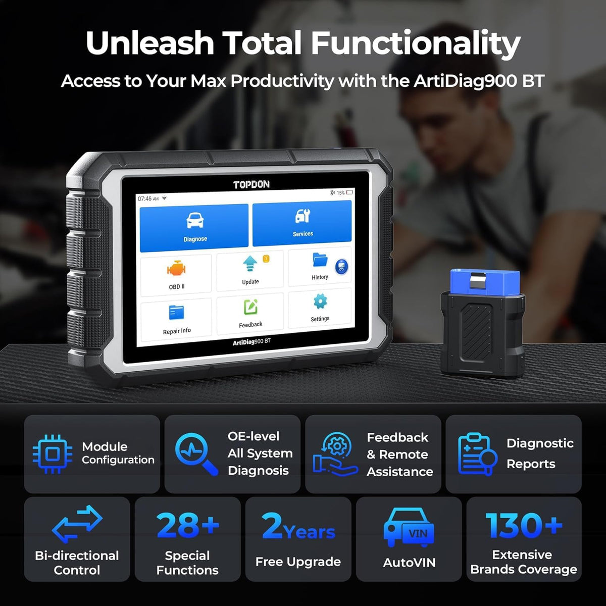 TOPDON OBD2 Scanner Diagnostisch Gereedschap, 2025AD900BT 28+ Services Alle Systeem Bidirectionele Scan Gereedschap met 2-Jaar Updates, ECU Codering, Auto Code Lezer voor Alle Voertuigen met AutoVIN