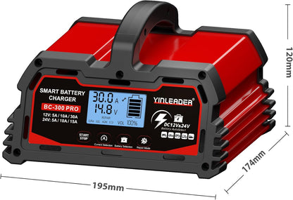 Autolader – Acculader – Batterijlader – Stroomlader – Oplader – 12V/24V 30A – Intelligent LCD-Display – Accu Reparatiefunctie