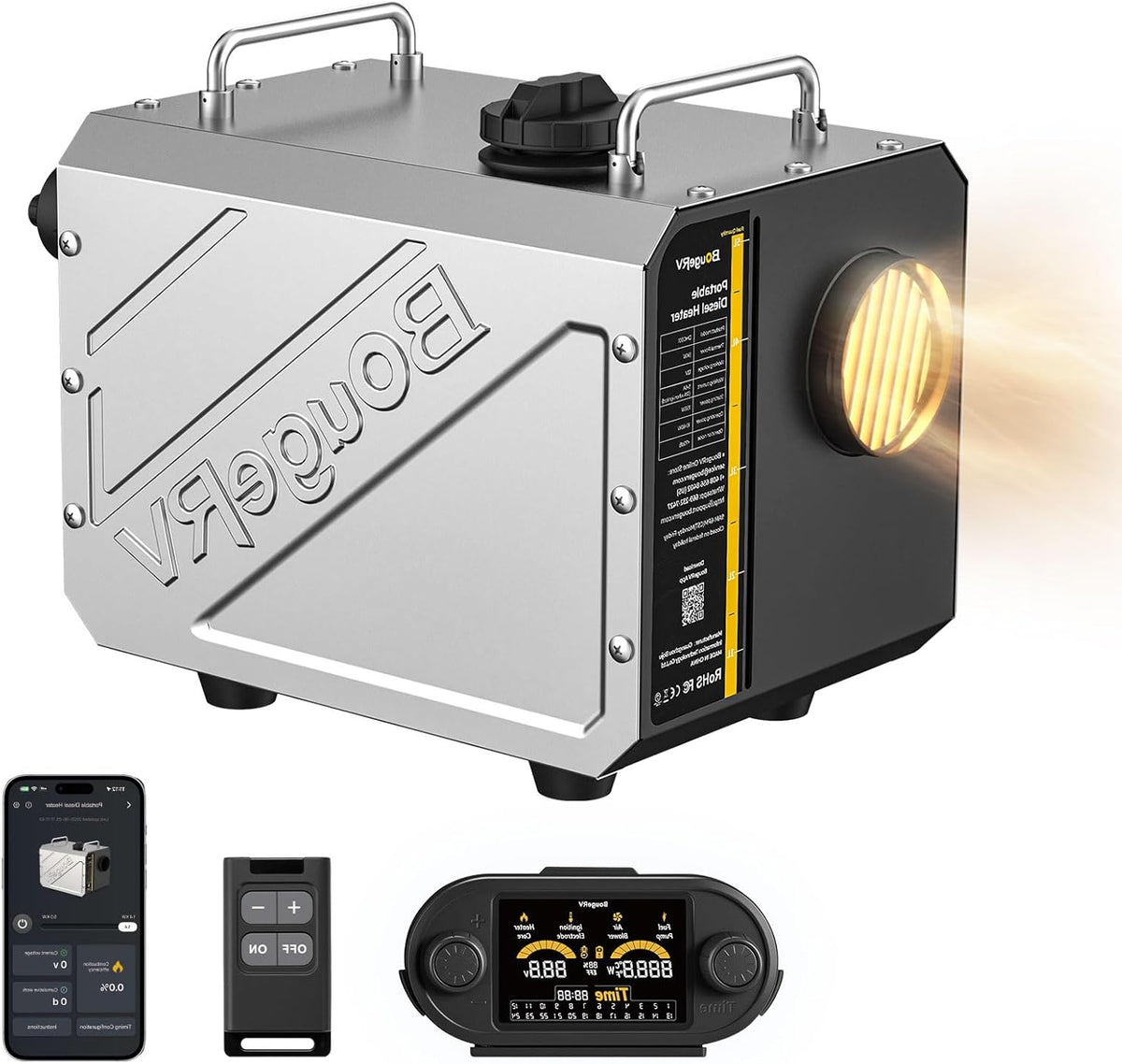 BougeRV 5kW Diesel Heater with Timer, Silent Fuel Pump, FB/App Control, LCD Display, Car Parking Heater, Diesel, 12/24V, 220V, All-In-One Screwable Exhaust Pipe, Leak Protection for - QUORE