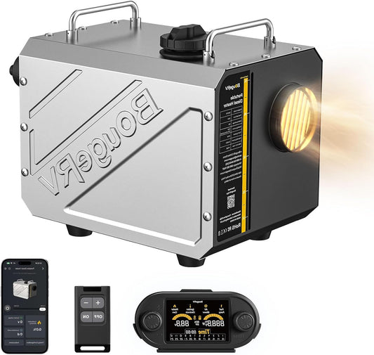 BougeRV 5kW Diesel Heater with Timer, Silent Fuel Pump, FB/App Control, LCD Display, Car Parking Heater, Diesel, 12/24V, 220V, All-In-One Screwable Exhaust Pipe, Leak Protection for - QUORE