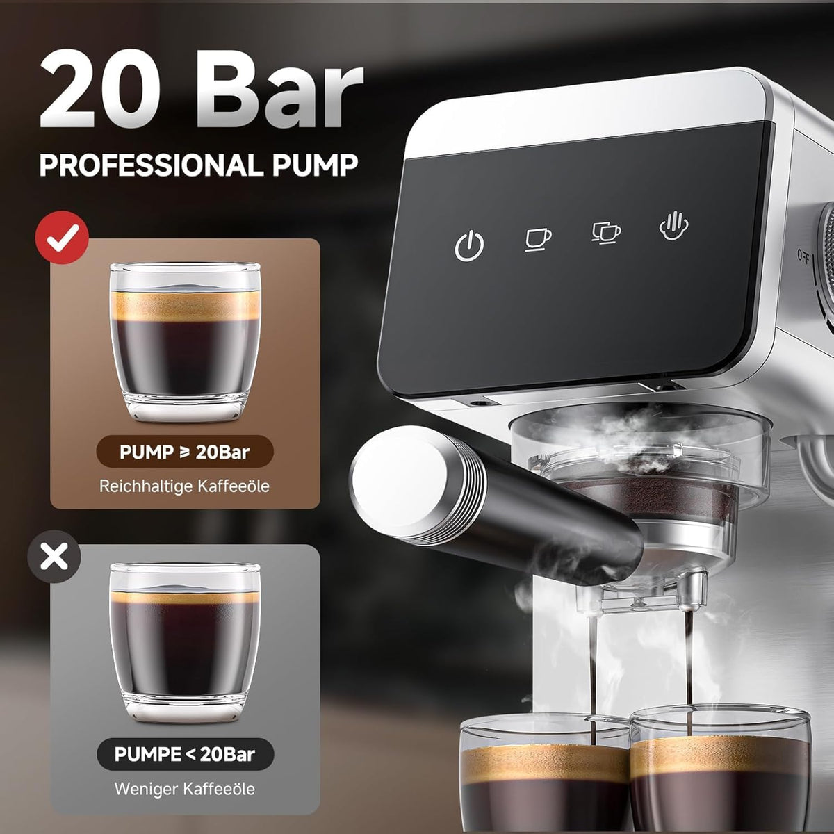 AMZCHEF Espressomachine 20 bar met 2-in-1 Home LED-display met afneembare tank van 1,2 l voor compacte huishoudelijke geschenken, van roestvrij staal, 1350 W