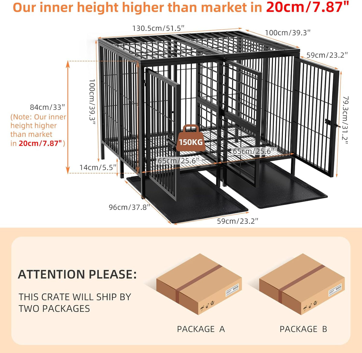 BingoPaw Heavy Duty hondenkrat: 132 cm extra grote enorme metalen huisdierenkooi met afneembaar scheidingspaneel - Indoor Hogere Binnenruimte Doggy box Kennel met twee deuren en trays voor kleine,