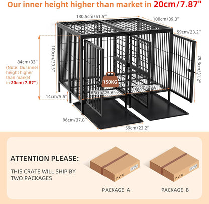 BingoPaw Heavy Duty hondenkrat: 132 cm extra grote enorme metalen huisdierenkooi met afneembaar scheidingspaneel - Indoor Hogere Binnenruimte Doggy box Kennel met twee deuren en trays voor kleine,
