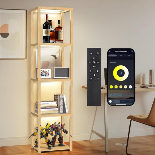 OUTON 170cm Glazen Vitrinekast met Verlichting, Dimbare LED Vloerlamp met Afstandsbediening en App-bediening, Open Boekenkastlamp voor Woonkamer en Slaapkamer, Hout
