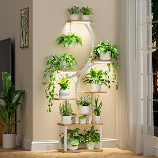 Plantenstandaard Indoor – Plantrek – Bloemenrek – Groeilamp – Plantenrek Met Verlichting – 8 Lagen – S-Vormig – Metalen Frame – Full-Spectrum Groeilampen Met Timer – 157,5 cm Hoog – Wit - QUORE