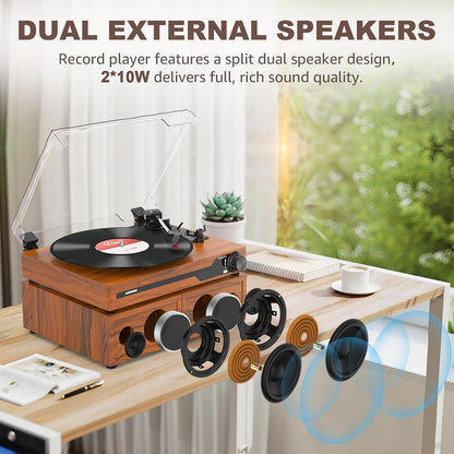 Platenspeler - Geïntegreerde Luidsprekers - Vintage Fonograaf - met Bluetooth 5.3 Ondersteunt - 2 Dubbele Stereoluidsprekers - 3 Snelheden - AUX - RCA - USB - Draadloos Afspelen - Hout - Bruin
