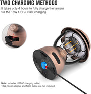 Campinglamp - Kampeerlamp - Retro Stijl LED-lantaarn - Dimbare - Draagbare - met Noodstroombank - USB-C & A Oplaadbaar - voor Buiten - Camping - Noodsituatie - IPX5 Waterdicht - 300Lm - 11200 mAh - Vintage Koperen Afwerking