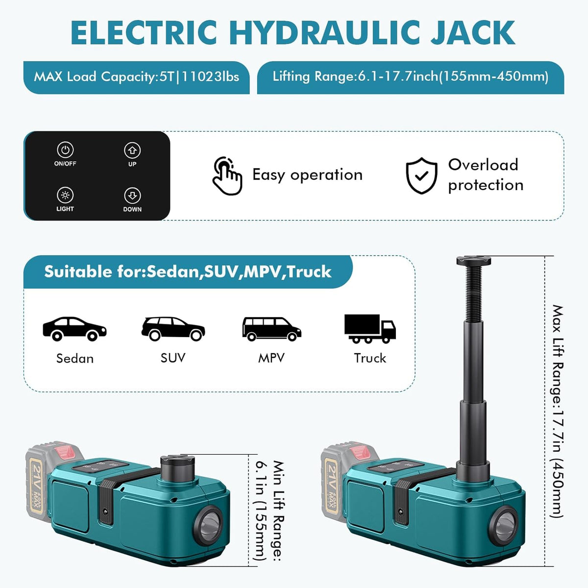 Hydraulische krik, 5T, compatibel met Makita 18V, elektrische krik met opblaasbare pomp en ledlicht, 15,5 - 45 cm, autokrik voor auto, SUV, limousine, MPV, bandenwissel (zonder accu)