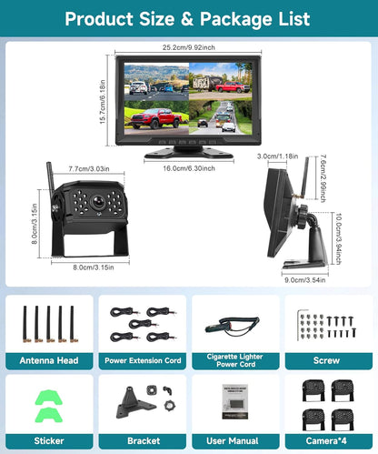 Podofo 4 x draadloze achteruitrijcamera's met monitor 10,1 inch IP69 nachtzicht groothoek,IPS monitor achteruitrijcamera's radio voor auto camper/caravan/vrachtwagen,4-split screen,loop video