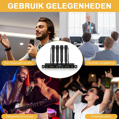 4-Kanaals Draadloos Microfoonsysteem, UHF Rackmount met 4x 10 Frequenties, 260ft Bereik, Dynamisch Handmicrofoon voor Zingen, Karaoke, Kerk, DJ, Feest (MWM-41F)