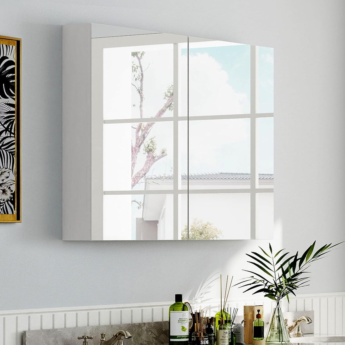 Badkamerkast – Wandkast – Spiegelkast – Medicijnkast – Opbergkast – Dubbele Spiegeldeuren – Extra Groot 90x80x13 cm – Wit Minimalistisch Design
