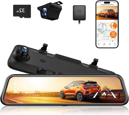 WOLFBOX 2.5K G840H 12'' Mirror Dashcam with ADAS and BSD, 5.8GHz WiFi Rearview Mirror with Camera, Voice Control, Parking Monitor, 32GB Map and GPS, Loop Recording - QUORE