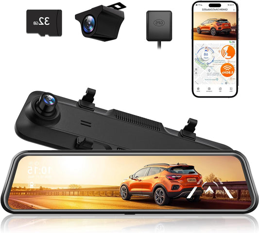 WOLFBOX 2.5K G840H 12'' Mirror Dashcam with ADAS and BSD, 5.8GHz WiFi Rearview Mirror with Camera, Voice Control, Parking Monitor, 32GB Map and GPS, Loop Recording - QUORE