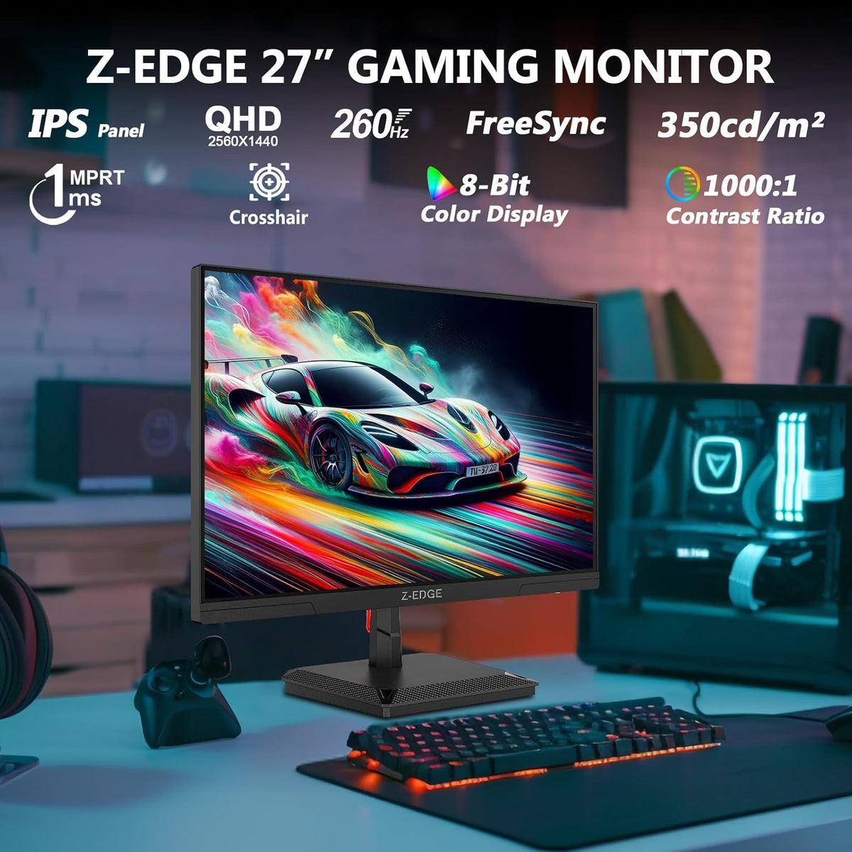 Z-Edge 27" IPS Gaming Monitor 260Hz(DP1.4×2), QHD (2560x1440), 1ms, FreeSync, 16:9 LED Monitor 2K, 144Hz (HDMI2.0×2), Adjustable Slope, 350cd/m², 8 bit, VESA 100x100mm (DP cable included)