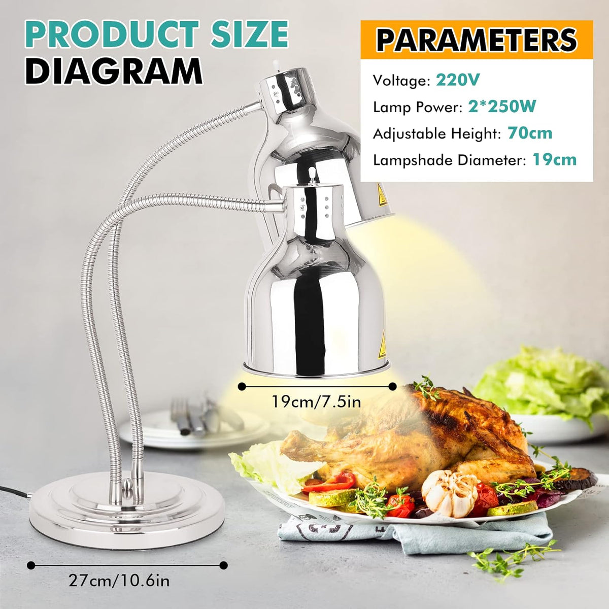 YJINGRUI Vrijstaande voedselverwarmingslamp, 2 x 250 W, zilver, buffet, levensmiddelen, verwarming, lamp met slang, rekbaar tot 70 cm, voor buffet, keuken, restaurant (dubbele lampen)