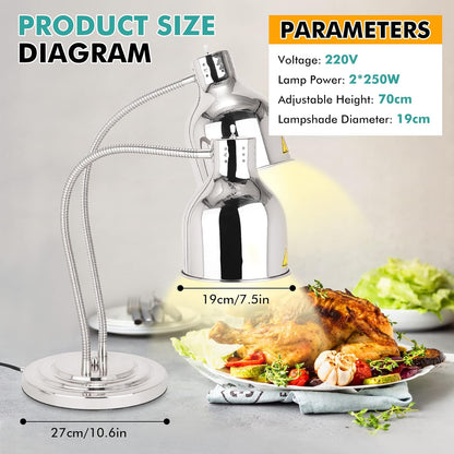 YJINGRUI Vrijstaande voedselverwarmingslamp, 2 x 250 W, zilver, buffet, levensmiddelen, verwarming, lamp met slang, rekbaar tot 70 cm, voor buffet, keuken, restaurant (dubbele lampen)