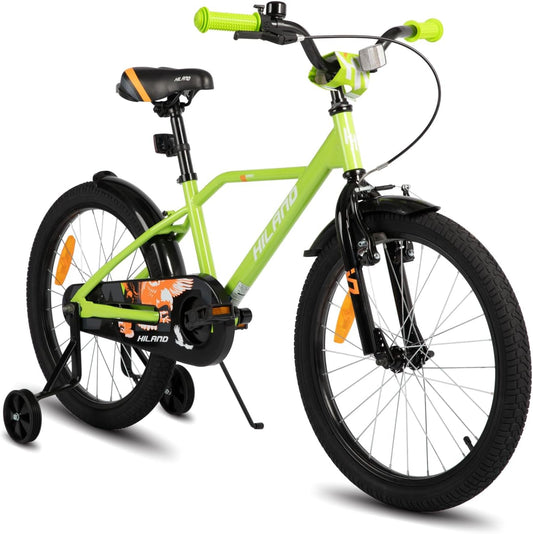 Hiland Kinderfiets, 32/14/16/20 cm, voor jongens van 3-10 jaar, met steunwielen, jongensfiets met handrem en terugtraprem, zwart/groen/blauw