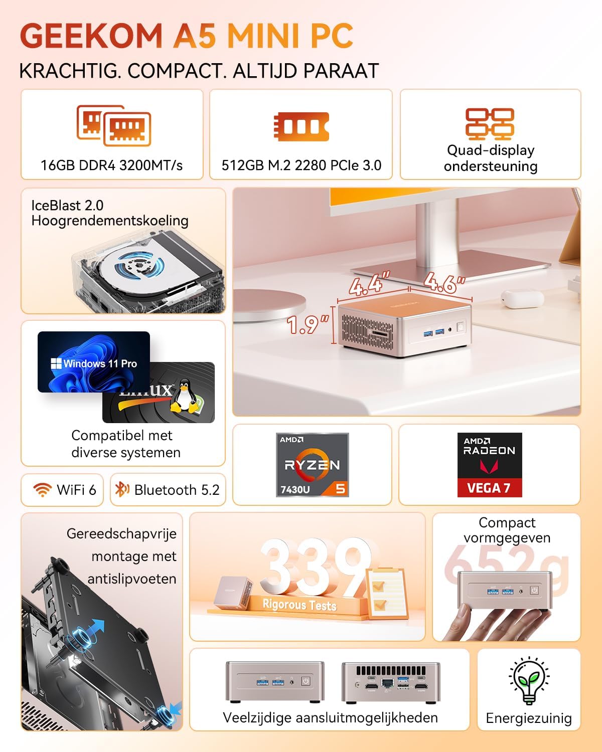 GEEKOM A5 2025 Edition Mini PC, with AMD Ryzen 5 7430U, 16GB DDR4 RAM, 512GB SSD, Windows 11 Pro, 4K UHD, Quad Display, 2× USB-C, 2× HDMI, SD Card Slot, Compact Desktop PC, with Wall Mount - QUORE