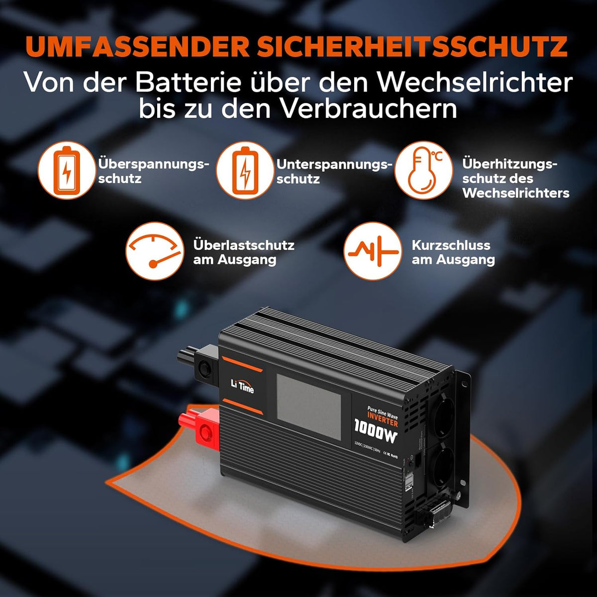 12V naar 230V Omvormer – Spanningsomvormer – Spanningsconverter – DC naar AC Omvormer – Zonnestroom Omvormer – 1000W Continu, 2000W Piekvermogen – Zuivere Sinusgolf met LCD Bewakingsscherm en 2 AC Uitgangen