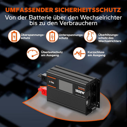12V naar 230V Omvormer – Spanningsomvormer – Spanningsconverter – DC naar AC Omvormer – Zonnestroom Omvormer – 1000W Continu, 2000W Piekvermogen – Zuivere Sinusgolf met LCD Bewakingsscherm en 2 AC Uitgangen