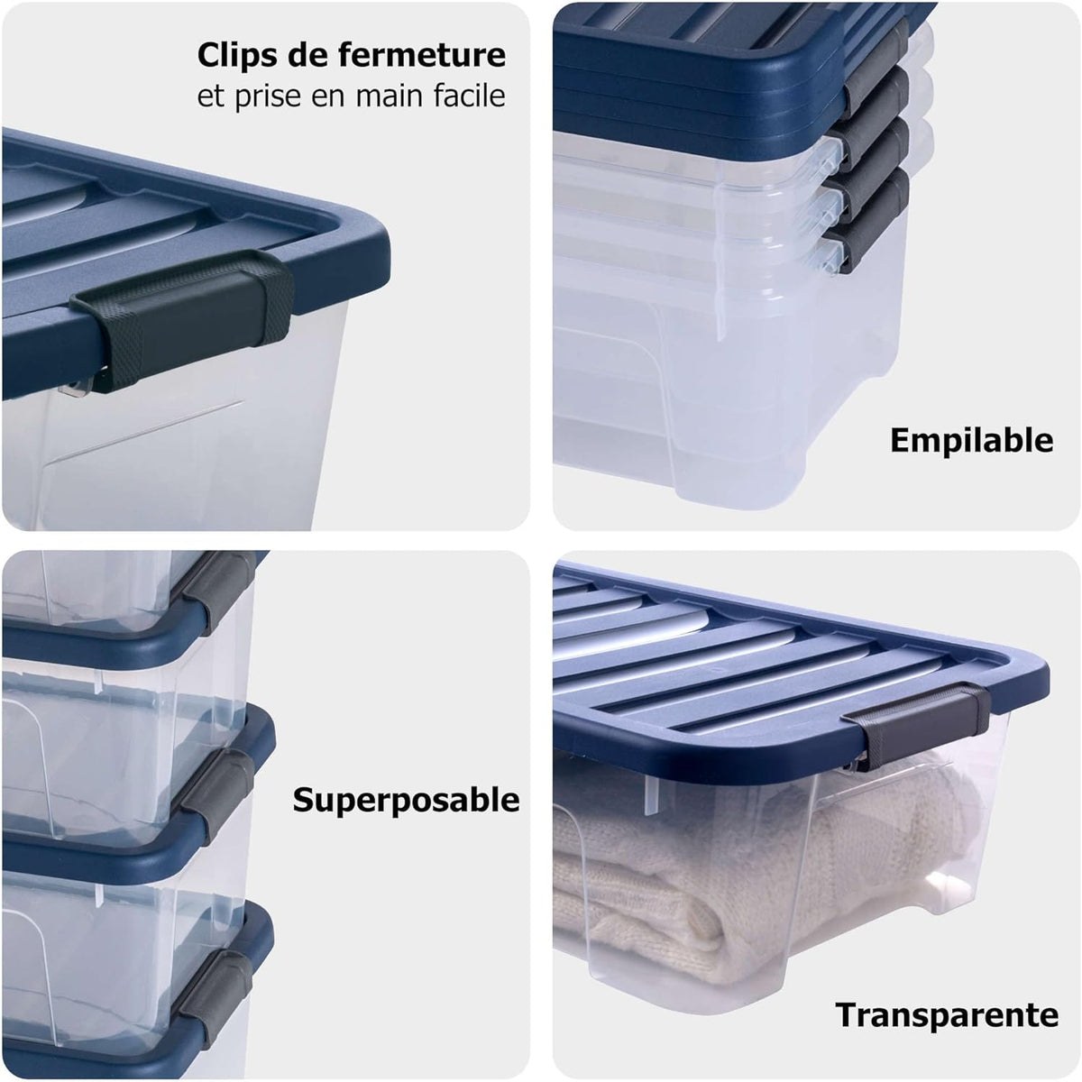 SUNDIS Wave Box, 9er-set Aufbewahrungsboxen mit deckel, 25L, mit clips, transparentem Kunststoff, stapelbar, ideal zum Aufbewahren unter dem Bett, im Ankleidezimmer, im Büro, im Waschküche