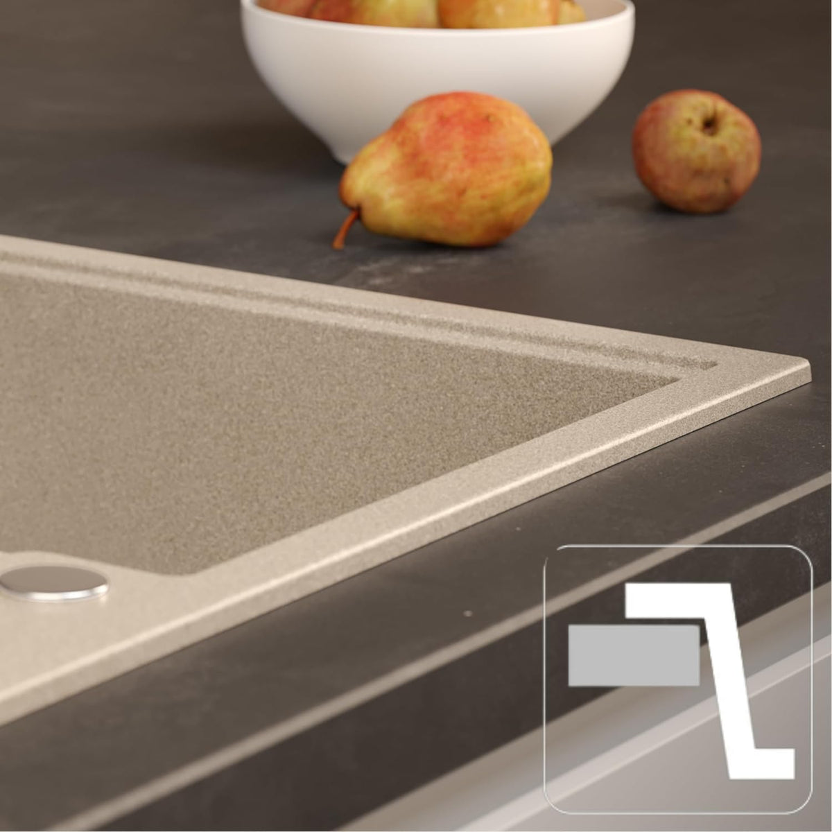 Quadron Granieten gootsteen, afmetingen 62 x 50 x 20 cm, kleur: beige en staal, PETER 116 enkele gootsteen, granieten spoelbak, met handmatige sifon en afdruipvlak