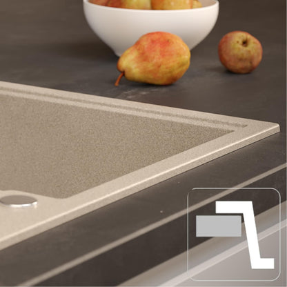 Quadron Granieten gootsteen, afmetingen 62 x 50 x 20 cm, kleur: beige en staal, PETER 116 enkele gootsteen, granieten spoelbak, met handmatige sifon en afdruipvlak