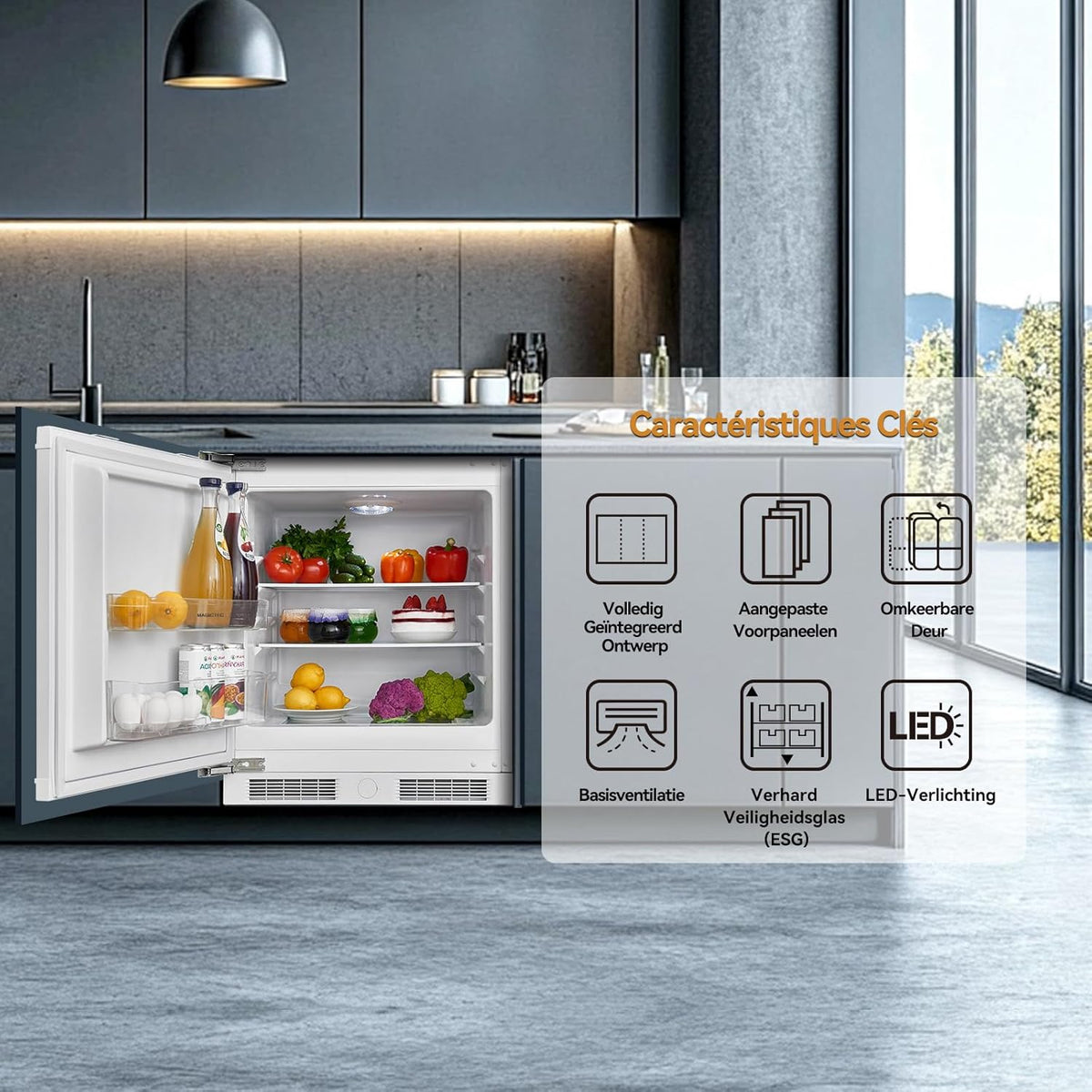 Inbouwkoelkast – Keukenkoelkast – Compacte Koelkast – Inbouw Koelapparaat – Koelkast Zonder Vriesvak – 110 Liter – Low Frost Technologie – Omkeerbare Deurscharnieren – Temperatuurregeling – LED-Verlichting