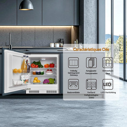 Inbouwkoelkast – Keukenkoelkast – Compacte Koelkast – Inbouw Koelapparaat – Koelkast Zonder Vriesvak – 110 Liter – Low Frost Technologie – Omkeerbare Deurscharnieren – Temperatuurregeling – LED-Verlichting