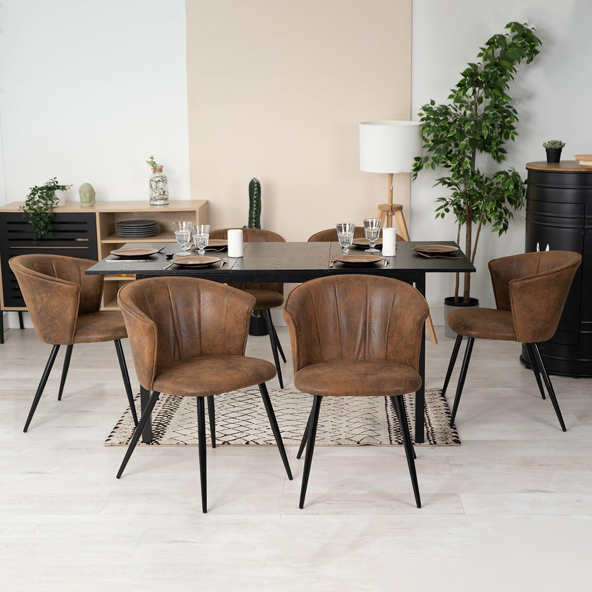 MEUBLE COSY Eetkamerstoelen, set van 6, keukenstoel, Scandinavische gestoffeerde stoel met armleuning, fluwelen metalen poten, bruin, 55x58x75,5cm