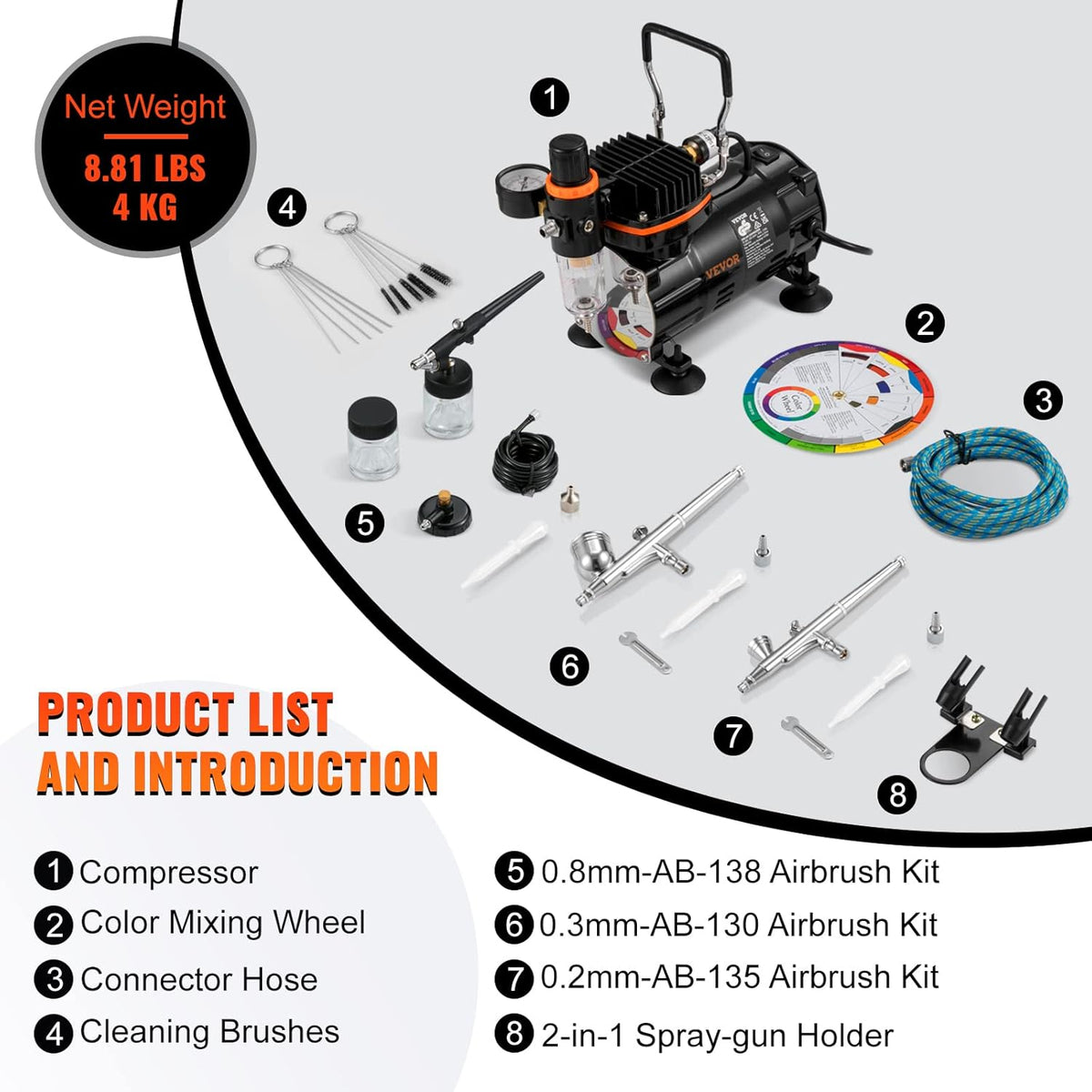 VEVOR Professionele airbrush-compressor, complete airbrush-set, dubbel, airbrush-pistool, 0,2/0,3/0,8 mm, hoge doorstroming, koffer, decoratie, gebak, tattoo, nagels, make-up, schilderen