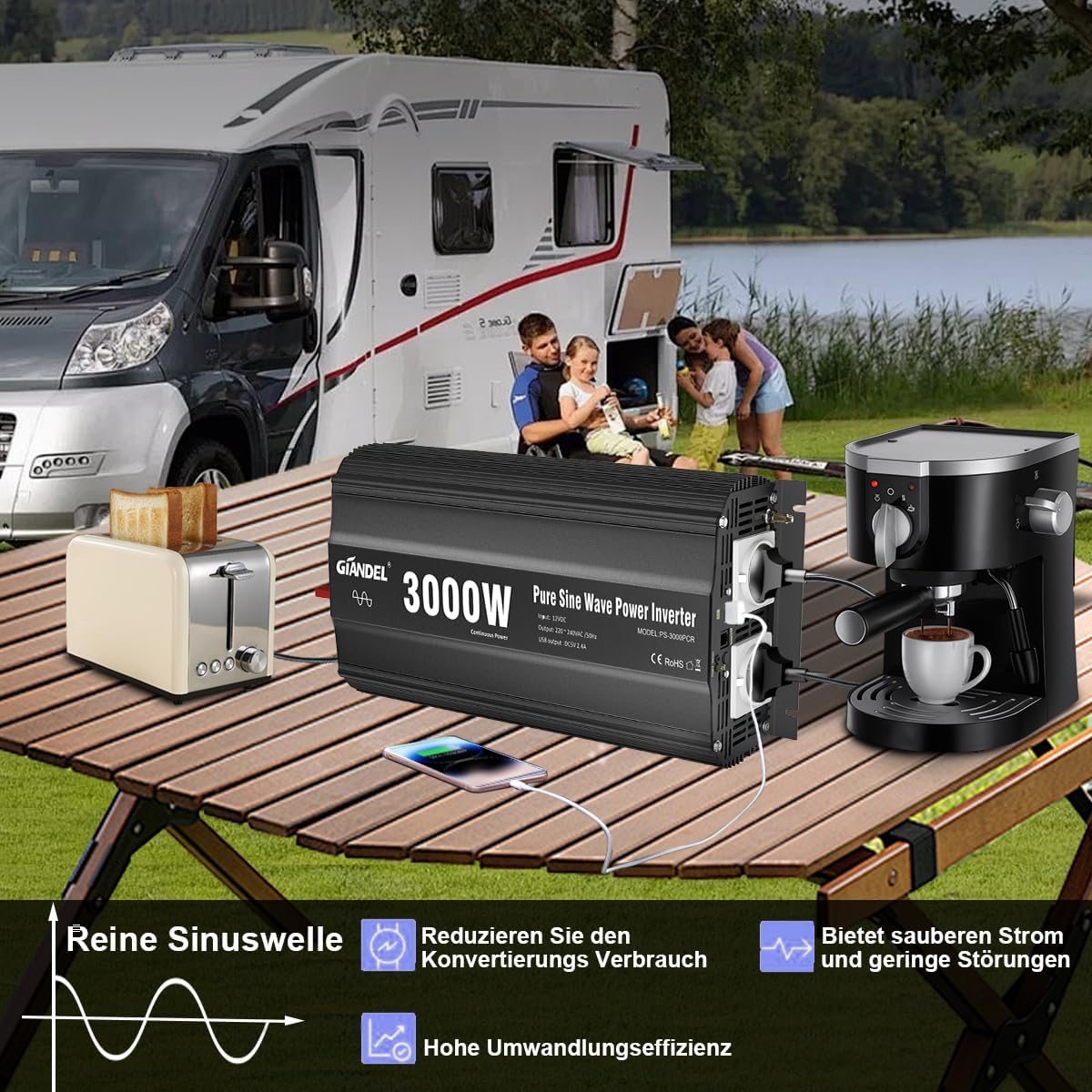 GIANDEL 3000 W omvormer, 12 V naar 230 V, zuivere sinus, spanningsomvormer, compatibel met LifePO4 Power Inverter met afstandsbediening en USB-aansluitingen, voor camper, vrachtwagen, caravan, camping