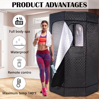 Sauna Sauna-tent, stoomgenerator voor saunakabine, 1200 W, voor thuis, draagbaar, timer en 9 temperatuurniveaus, met sauna, stoomgarnituur, 3 liter, inklapbare stoel met afstandsbediening, 180 cm (H)