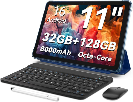 Android 16-tablet, 11 inch tablet,32GB + 128GB, uitbreidbaar tot 1TB, productiviteitsbundel met toetsenbordhoes, stylus, octa-coreprocessor, dubbele camera, wifi 6, 8000mAh-batterij (Blu)