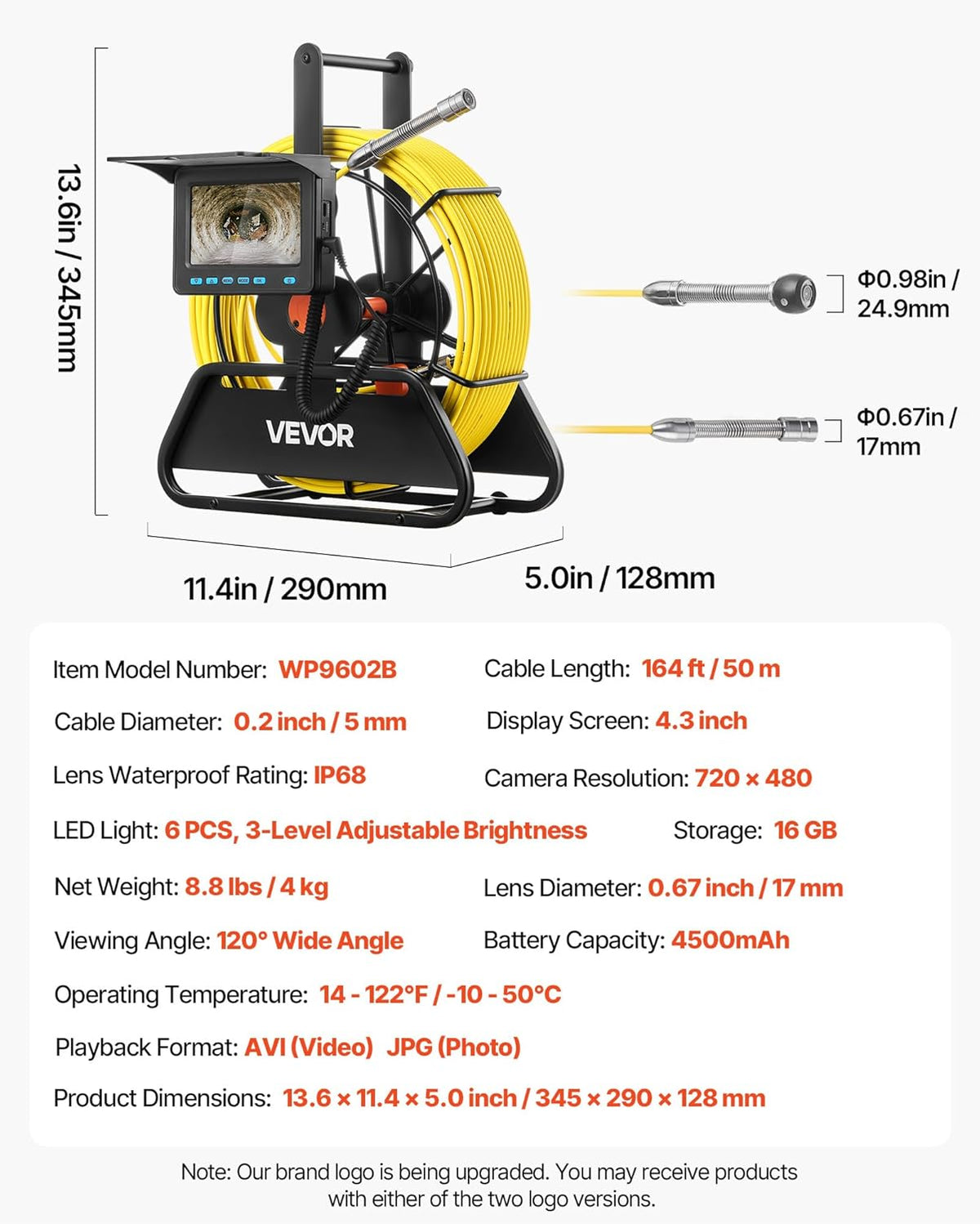 VEVOR Endoscoop 50 m, industriële endoscoop met HD-scherm, 480p, waterdichte slangencamera's, IP68, met 6 leds en 16 GB kaart voor leidingen