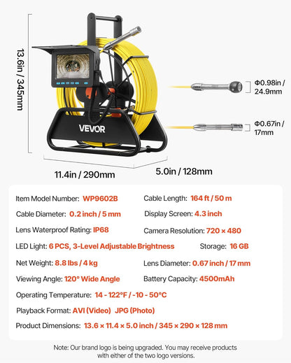 VEVOR Endoscoop 50 m, industriële endoscoop met HD-scherm, 480p, waterdichte slangencamera's, IP68, met 6 leds en 16 GB kaart voor leidingen