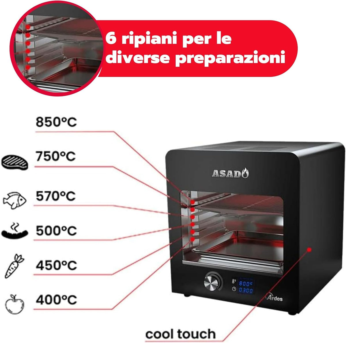 ARDES - ARBEEF01 Grillpan oven Grill Beefer infrarood Asado - Professionele elektrische grillpan om te koken - Cool Touch wandgrill - grillpan met 6 legplanken, compact en multifunctioneel