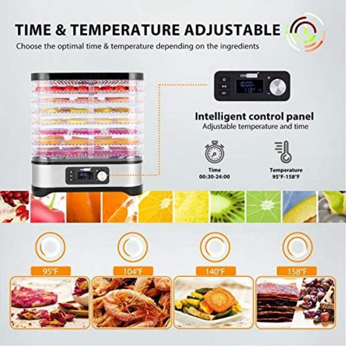 Nictemaw Voedseldroger met 8 etages, 400 W, premium roestvrijstalen dehydrator met timer en temperatuurregelaar, 35-70 °C, professioneel droogapparaat voor Beef Jerky, gedroogde vruchten en groenten