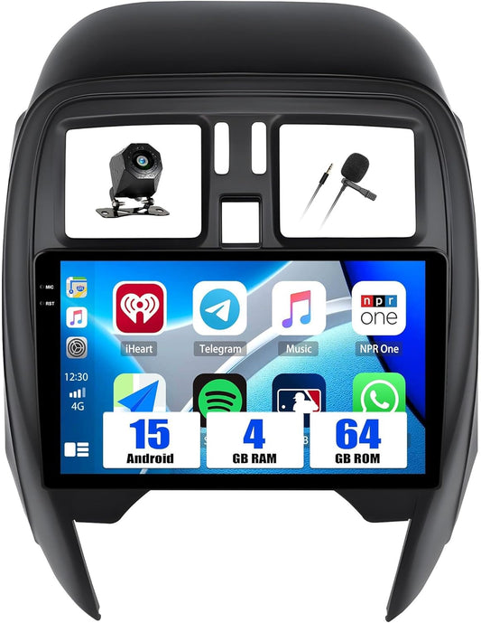 SIXWIN 4+64G Android 15 autoradio met voor Nissan Micra 2010-2017 CarPlay/Android Auto/Mirror Link, 9 inch HD touchscreen-scherm met wifi, GPS, Bluetooth, FM/RDS-radio, EQ + achteruitrijcamera