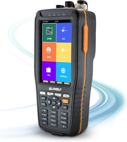 1310/1550nm 22/20dB handheld 4in1 mini OTDR + VFL+OPM+OLS 4 inch touchscreen 60 km glasvezel tester/glasvezel tester/optische tijdbereik-reflectometer met SC(APC) + FC(APC) + FC naar