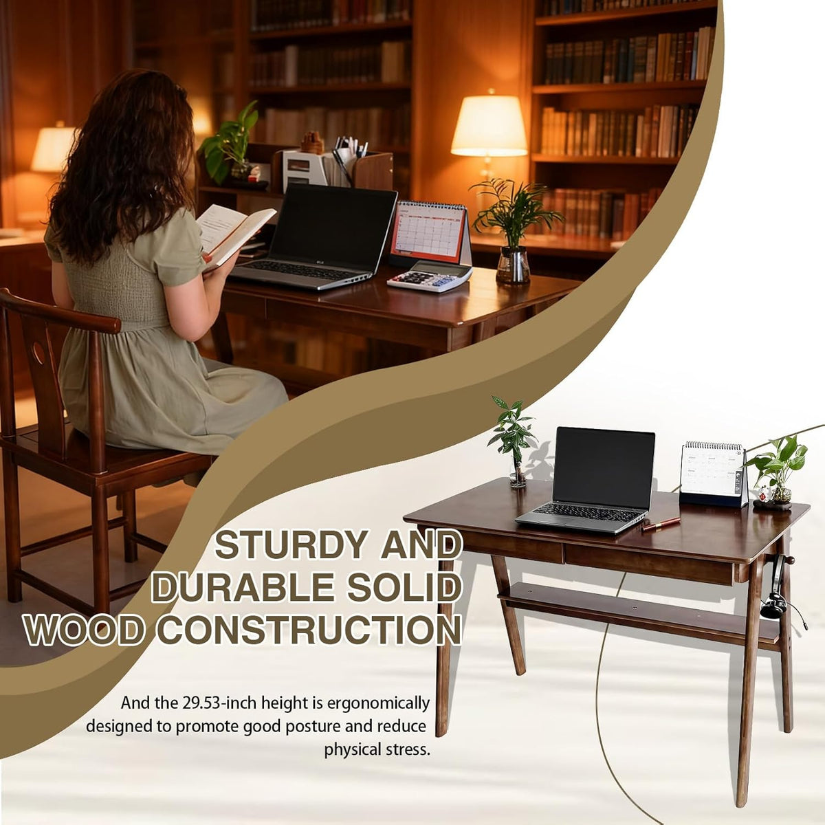 Massief Houten Bureau, Mid-Century Modern Design, Met 2 Lades en Onderplank, Ideaal voor Thuiskantoor (Okkernoot, 100 * 60)