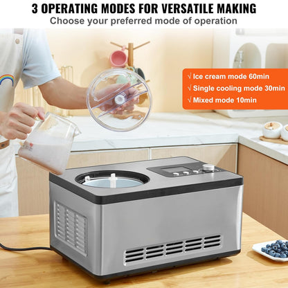 VEVOR Compressor ijsmachine, ijsmachine, 2 l, 180 W, Frozen yoghurtbereider, 3 modi, yoghurtmachine, huishouden, draagbare ijsmachine, sorbet gelato, geluidsarm, zilver, elektrisch