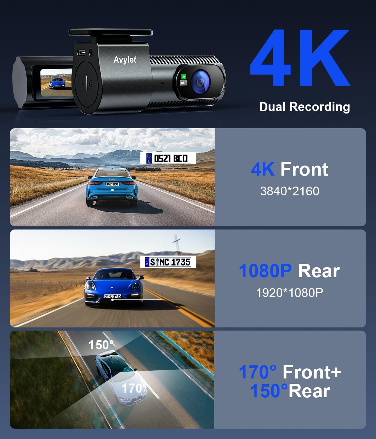 Dubbele dashcam voor en achter – Dashcam – Autocamera – Dashboardcamera – Car camera – 4K + 1080P opname – 5 GHz wifi en app bediening