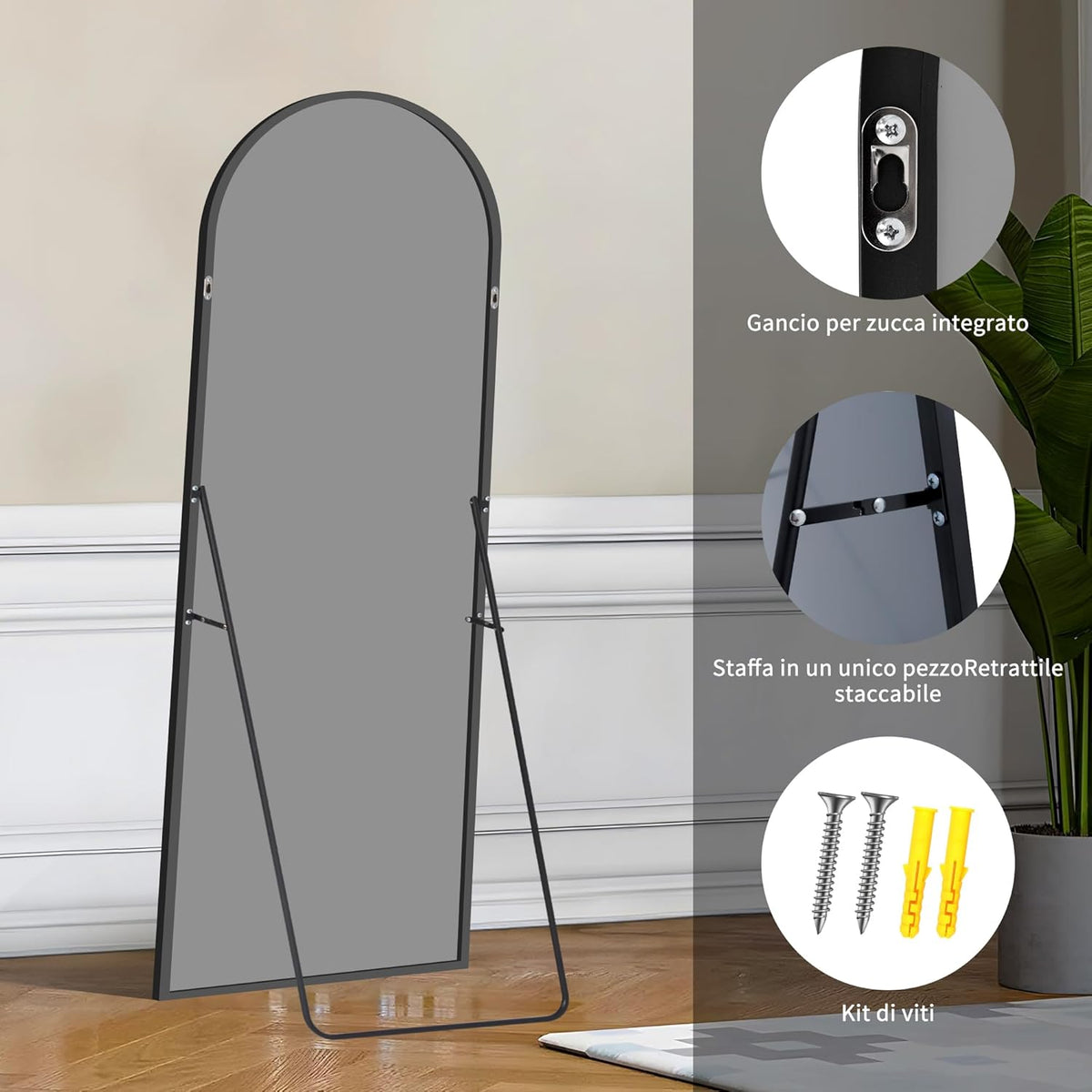 Gebogen spiegel – Vloerspiegel – Lichaamsspiegel – Staande spiegel – Full body spiegel – 165,1 x 61 cm – Aluminiumlegering frame