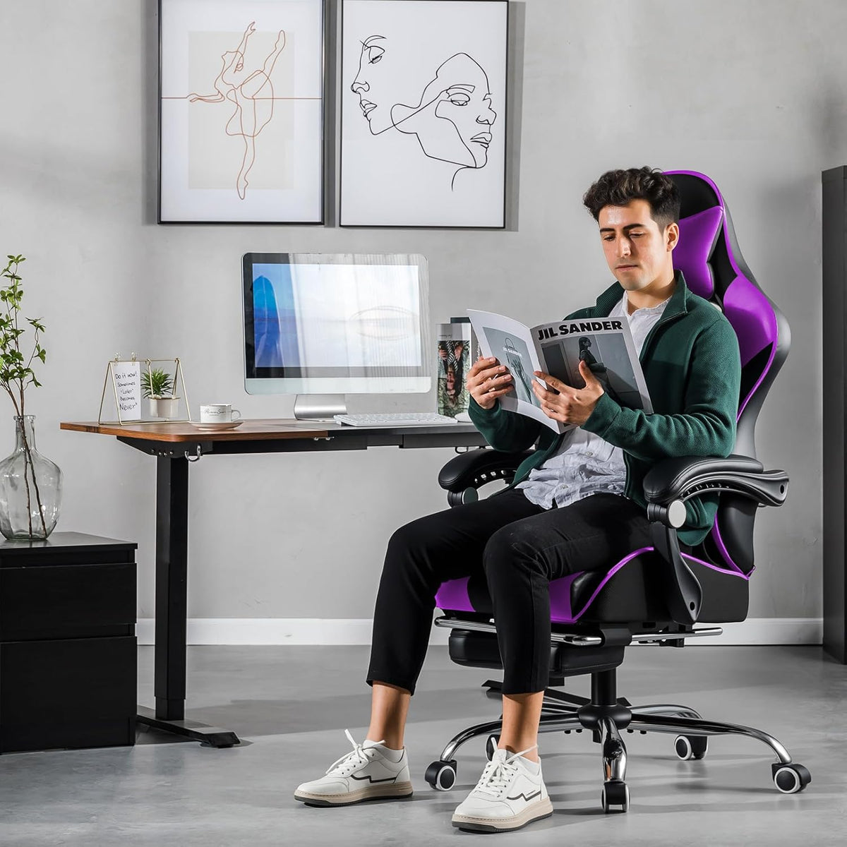 GTPLAYER Gamingstoel, bureaustoel, ergonomische pc-stoel, gamingstoel met massagesteun, task stoelen met voetensteun en hoofdsteun, paars kunstleer