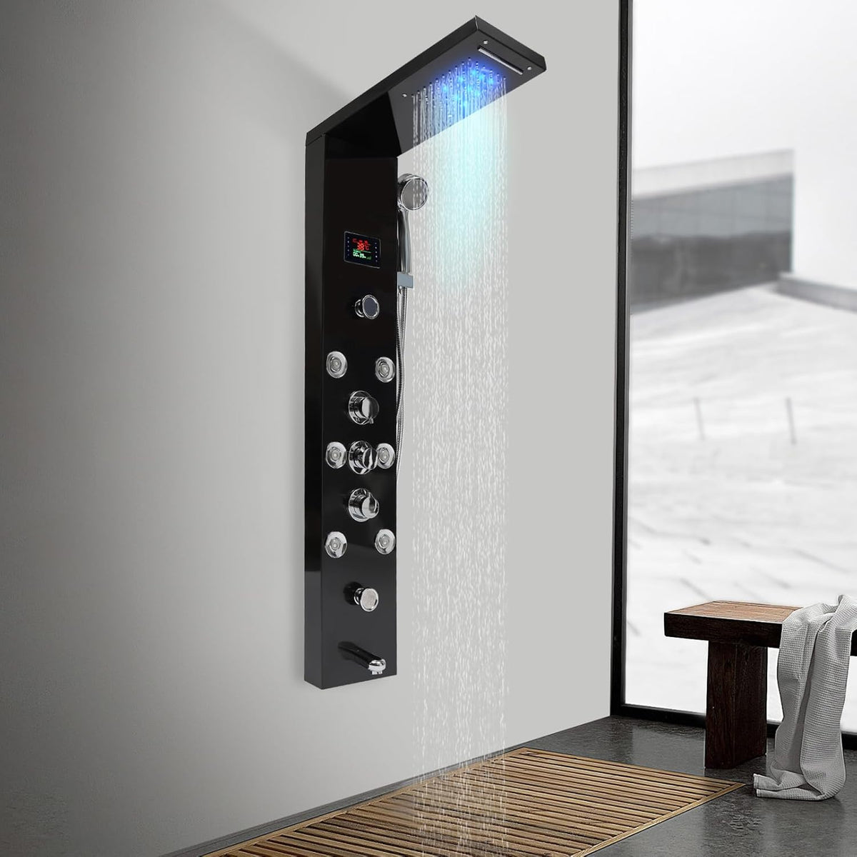 Douchepaneel – Douchekolom – Douchewand – Thermostaatkraan – Regendouche – RVS Zwart – LED Temperatuurweergave – 6 Waterstanden