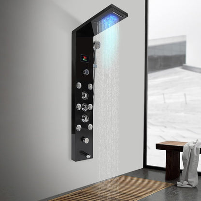 Douchepaneel – Douchekolom – Douchewand – Thermostaatkraan – Regendouche – RVS Zwart – LED Temperatuurweergave – 6 Waterstanden